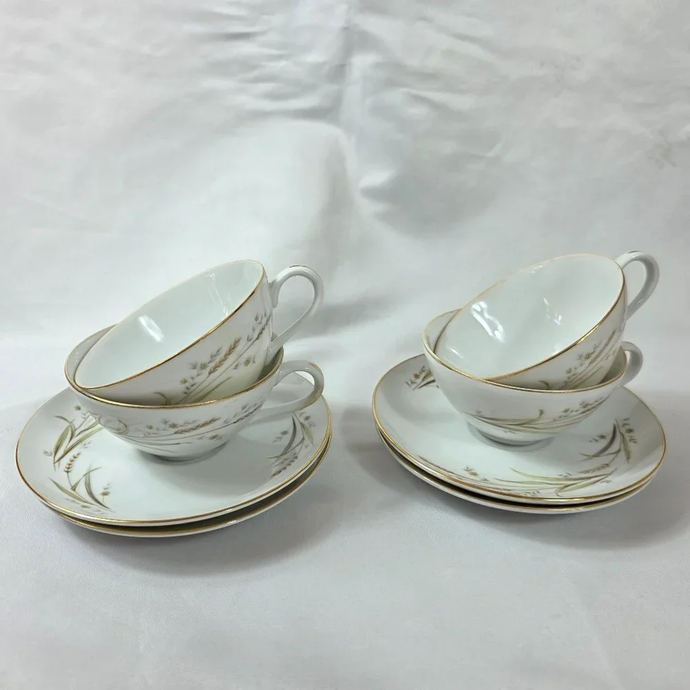 FOUR Fine China of Japan Golden Harvest Cup & Saucer Sets Gold Wheat Sprays